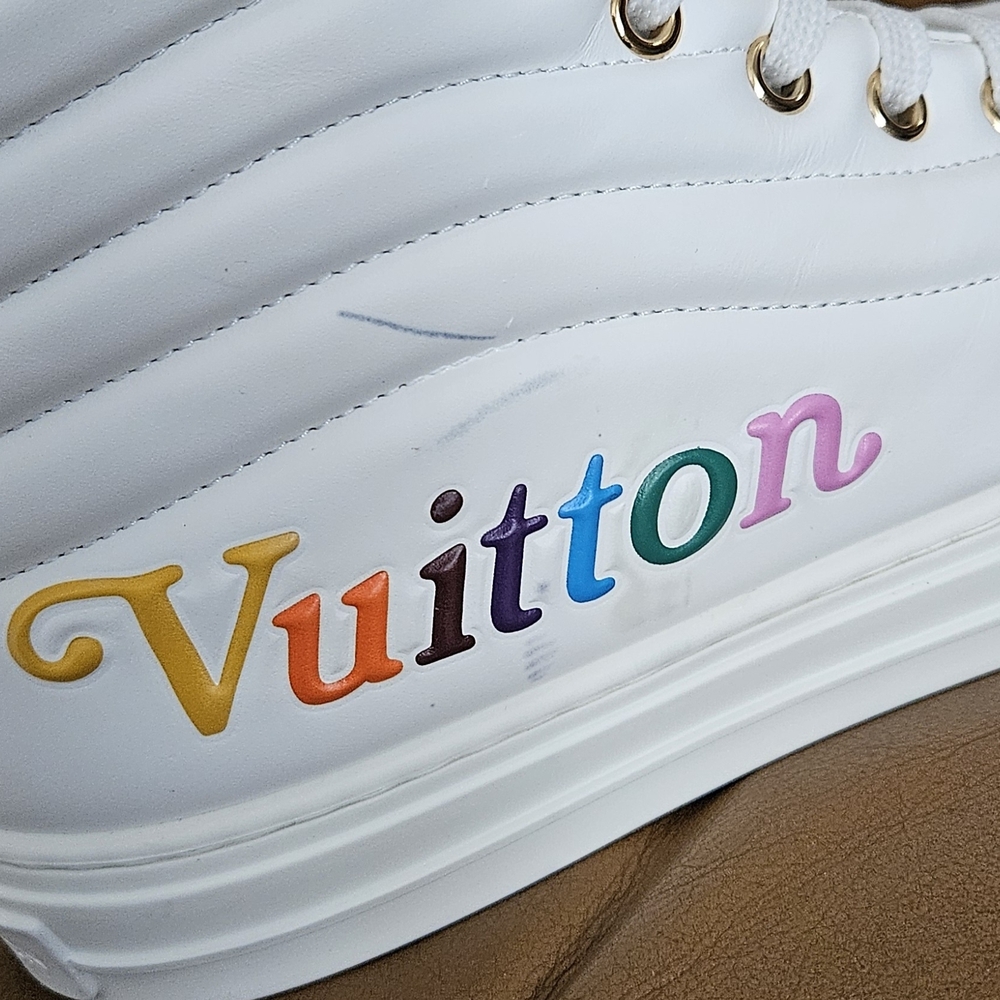 Women's Louis Vuitton White Leather Rainbow Logo Hightop Sneakers Size 6.5 US - Picture 15 of 16